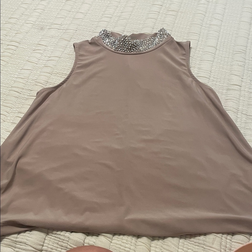 Tiana B. Beige Tank Top with Metallic Neckline
